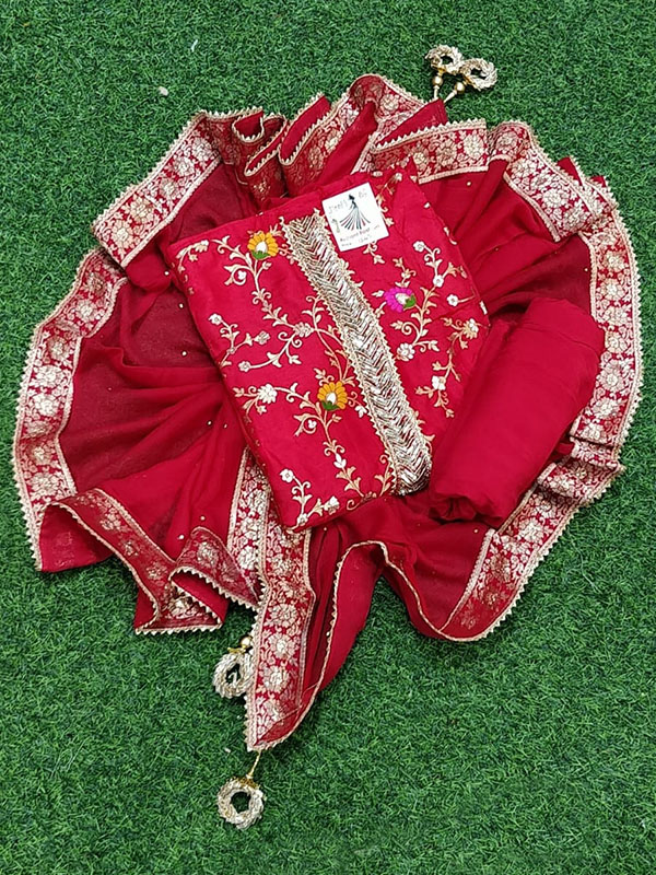 Red Dola Silk Suit With senton Bottom and Banarasi Dupatta