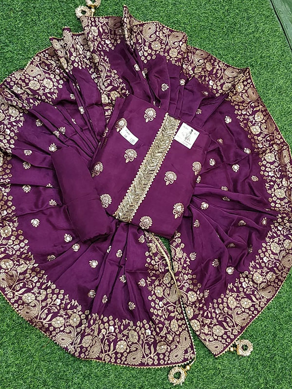 Violet Dola Silk Suit With Senton Bottom and Banarasi Dupatta
