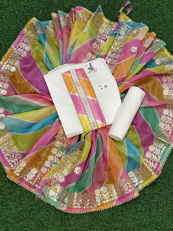 White Cotton Suit With Cotton Bottom and Monga Check Dupatta