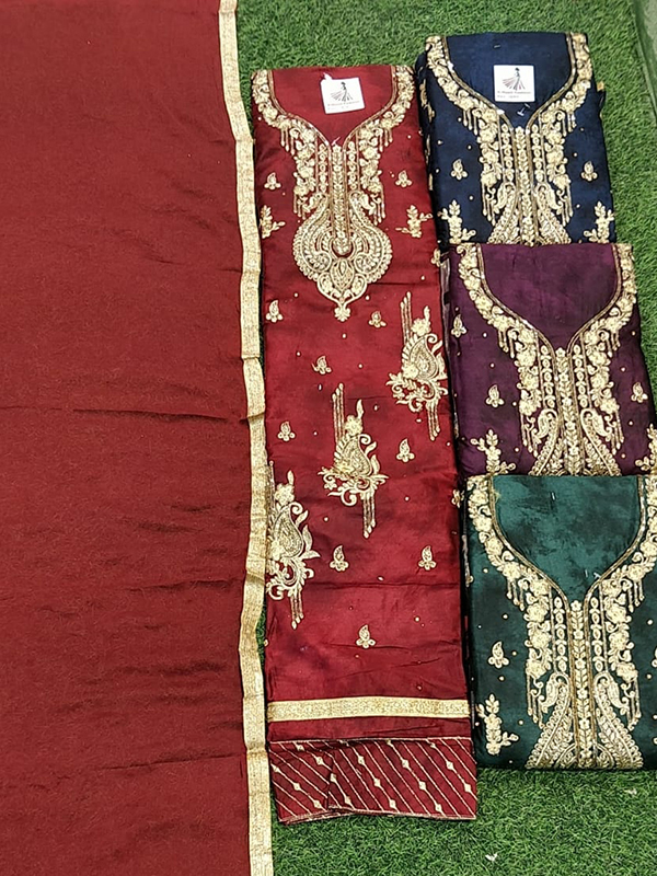 Designer Red Jaam Cotton Suit With Chiffon Dupatta