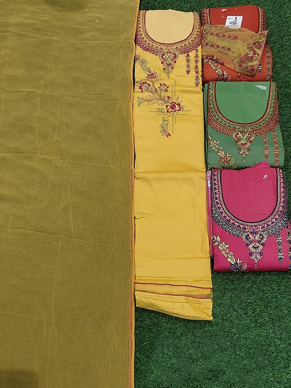 Yellow Color Jaam Cotton Suit With Chiffon Dupatta