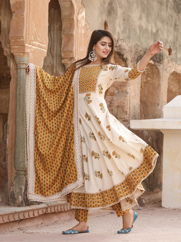 Yellow Color Anarkali suit with Pant and Dupatta