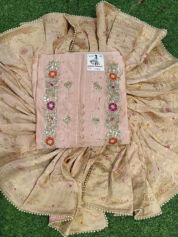 Creamy Pink Color Modal Chanderi Suit With Bottom and Banarasi Dupatta