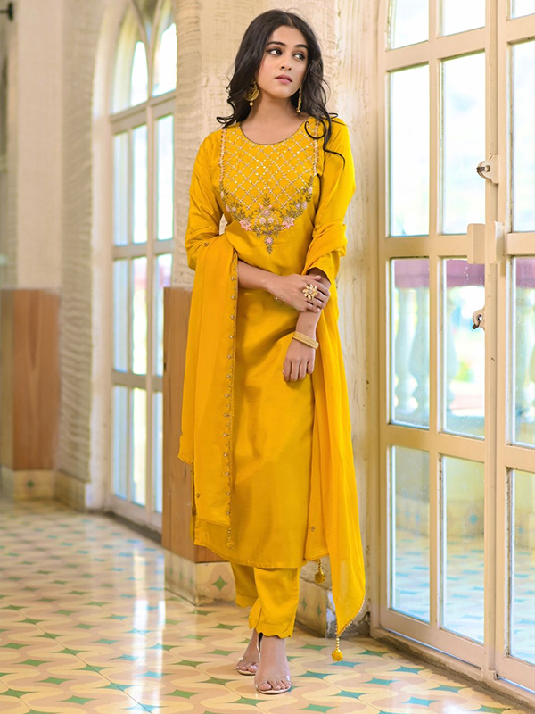 yellow suit with pant dupatta