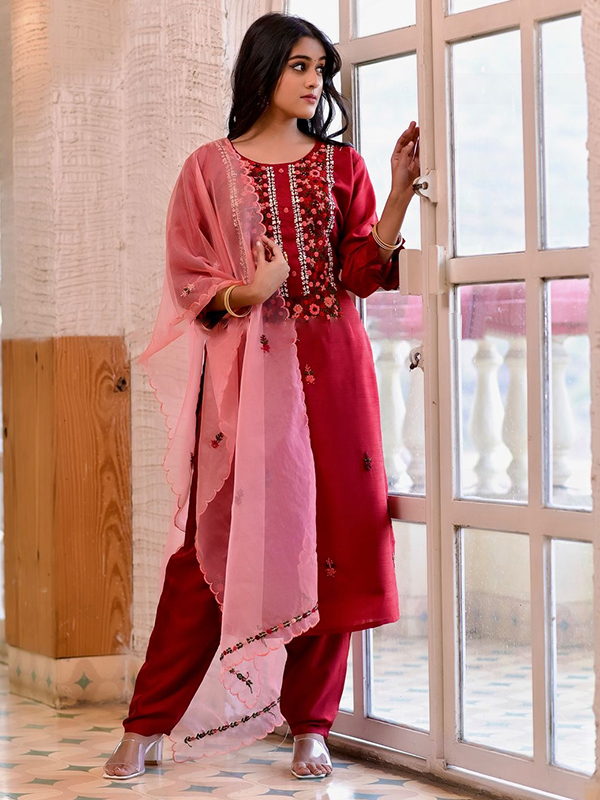 Designer Red Color Silk Kurti with Pant