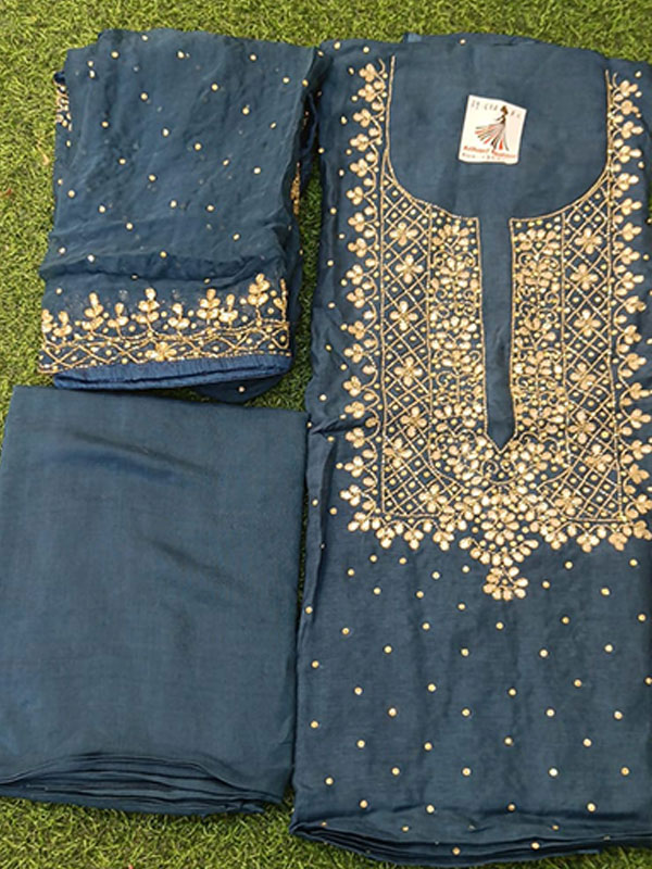 Designer Blue Color Opada Suit With Pure Dupatta