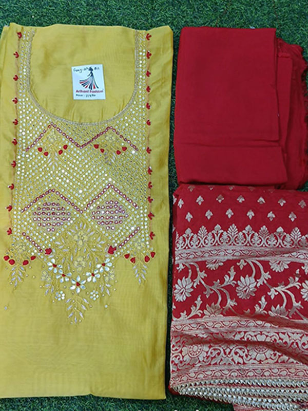Designer Parrort Color Chanderi Suit With Banarasi Dupatta