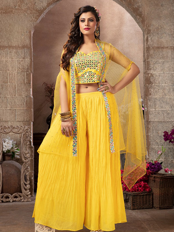Designer Yellow Georgatte Crop top with sharara and Shrug