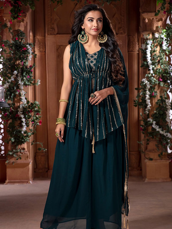 Buy Elegant Sea Green Sequins Work Silk Ready-Made Crop Top Lehenga At Zeel  Clothing