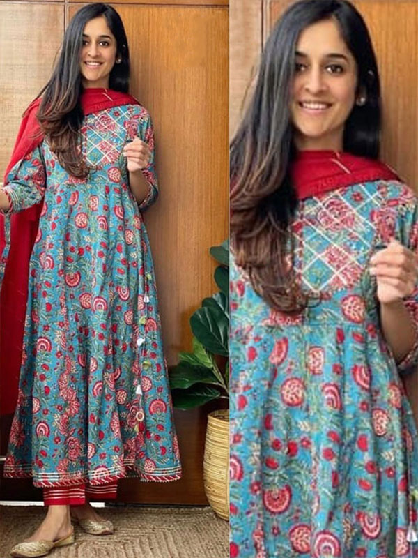 Designer Long Anarkali Cotton Kurti With pant Dupatta (Set - 4)