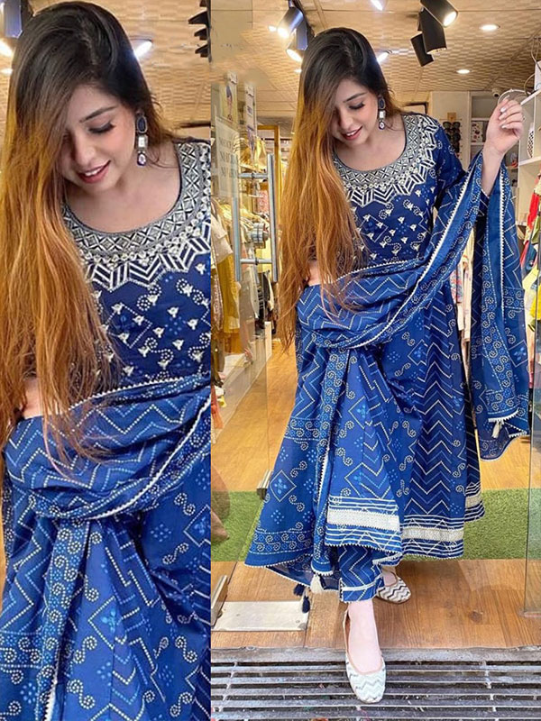 Designer Blue Anarkali Cotton Kurti With pant Dupatta (Set - 4)