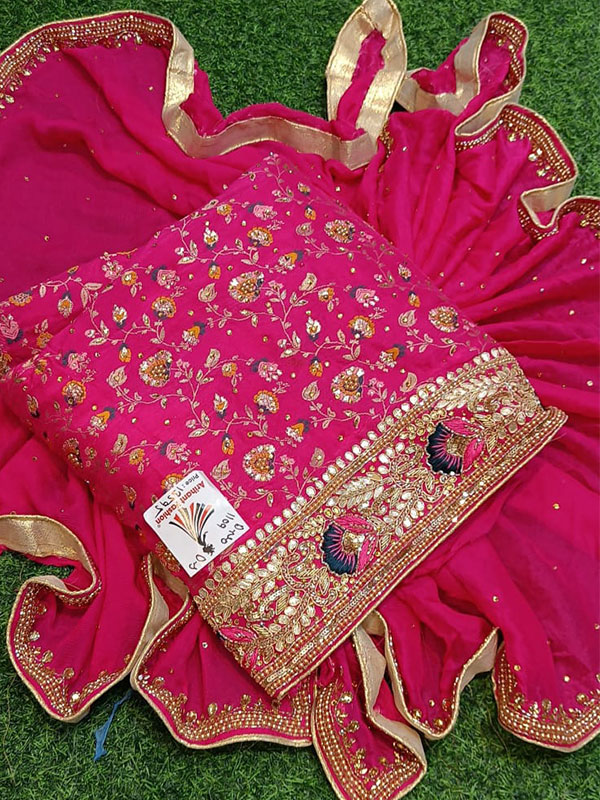 Designer Pink Un-Stitched Suit With Senton Bottom and Pure Dupatta