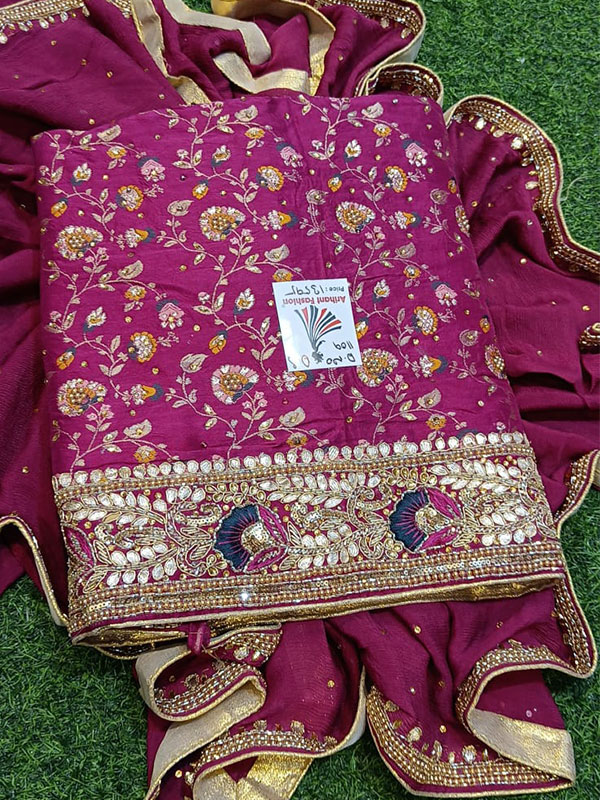 Purple Color Dola Silk Un-Stitched Suit With Senton Bottom and Pure Dupatta