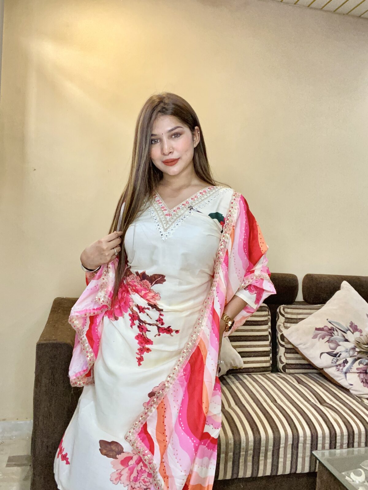 3-Piece Digital Printed Maslin Shirt With Cotton Inner And Neck-Stitched Mirror Work With Maslin Dupatta Featuring Four-Sided Border Embroidery.