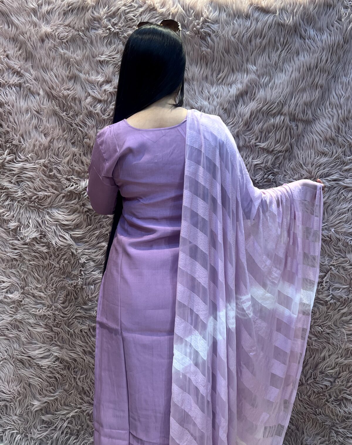 3-Piece Roman Silk Suit Featuring Sequin Embroidery Work on the Neck, Paired with Roman-Style Pants and a Chiffon Silk Dupatta.